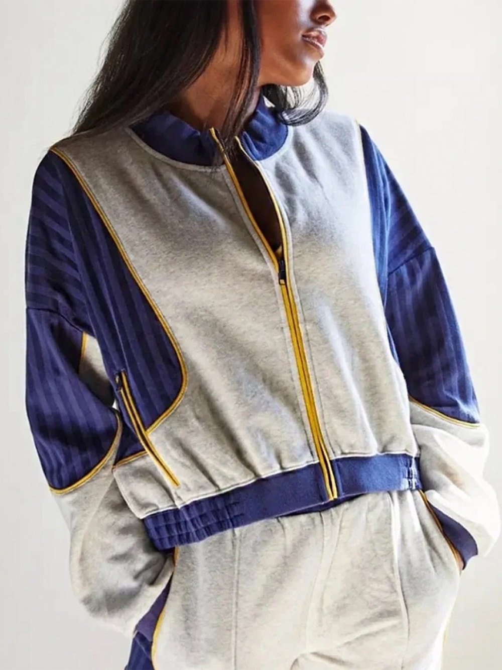 Rachel Roy Striped Bomber Jacket in Blue & Gray Size Medium